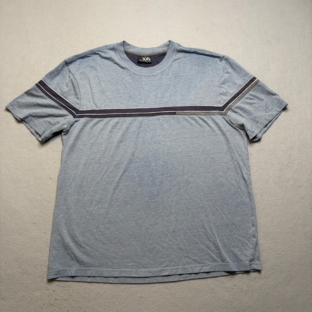 XG T-Shirt Mens Large Blue Y2K‎ Striped Chest Crew Neck Short Sleeve Tee